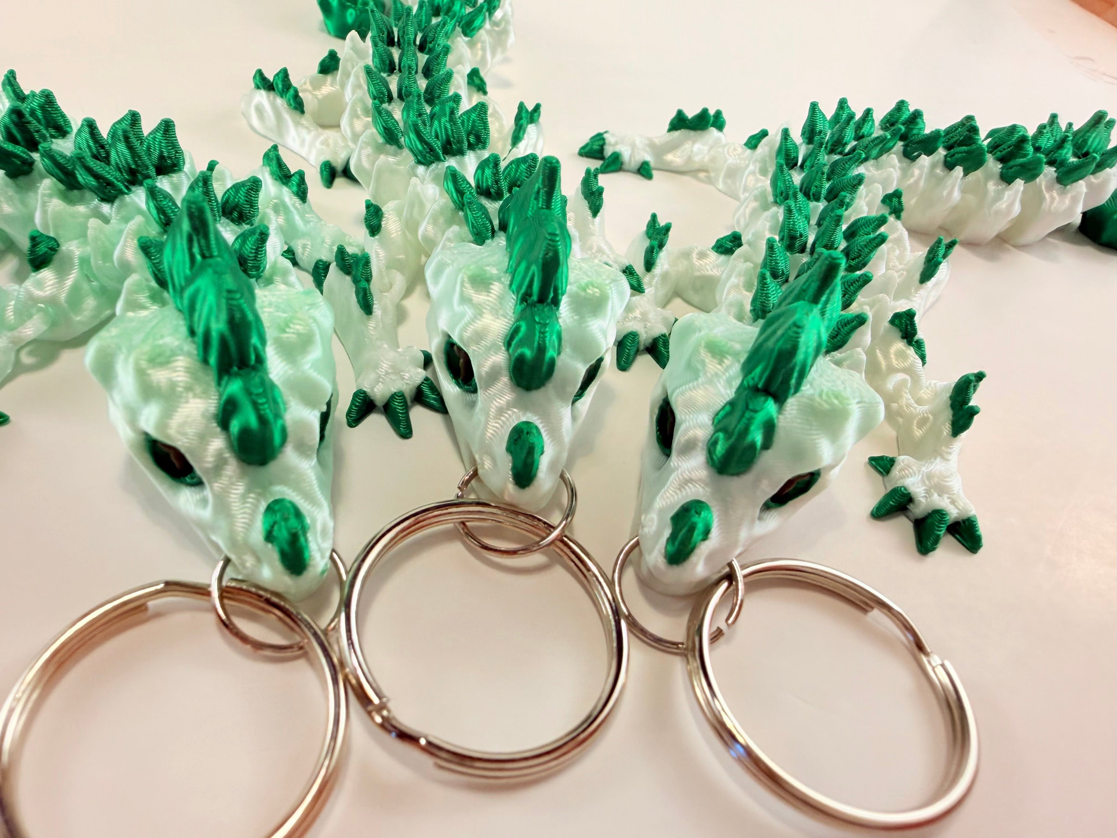 3D Printed White Silk Dragons with Green Spikes-Articulated Keychain