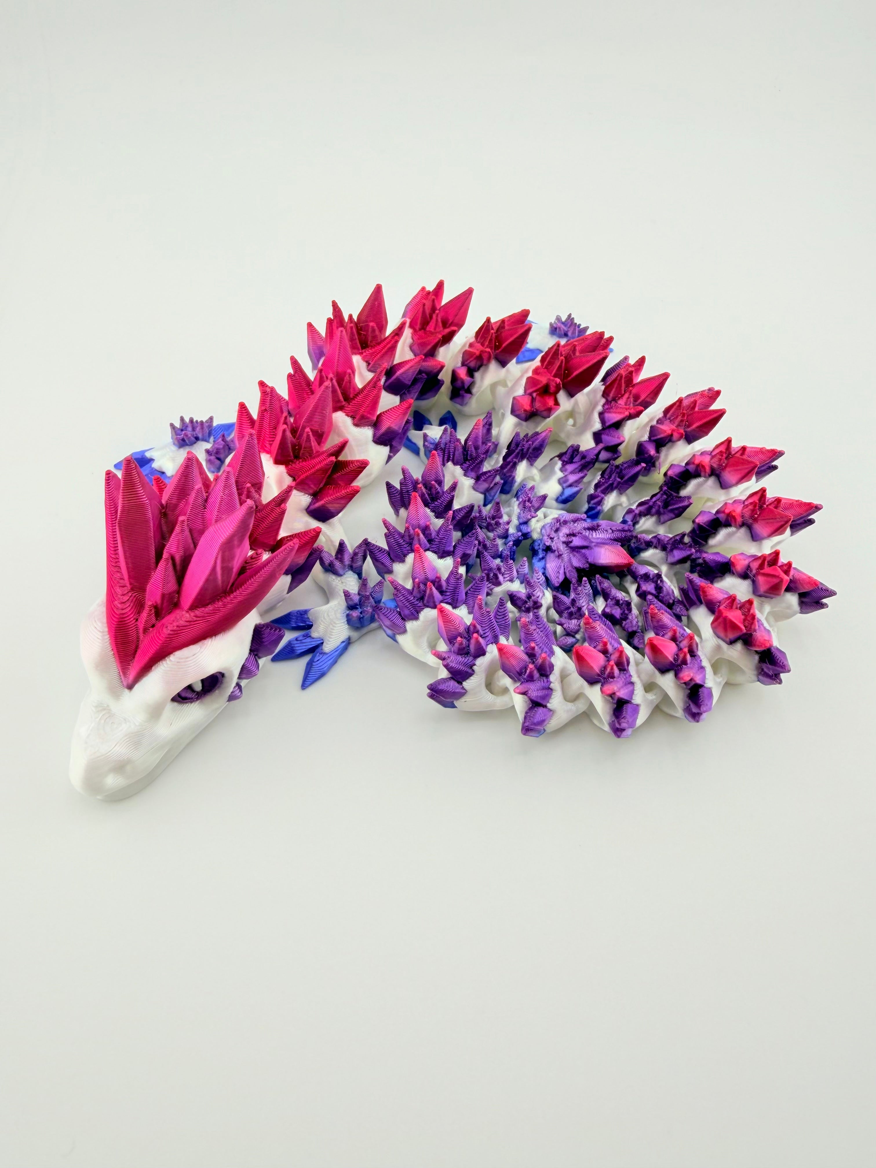 Articulated White Silk Body Dragon with Rainbow Crystals – 18.5" 3D Printed Flexi Dragon